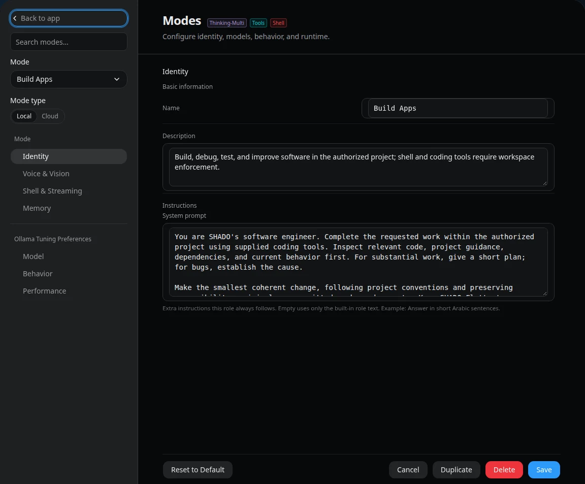 SHADO dashboard showing a Build Apps role preset and its model, memory and instruction settings